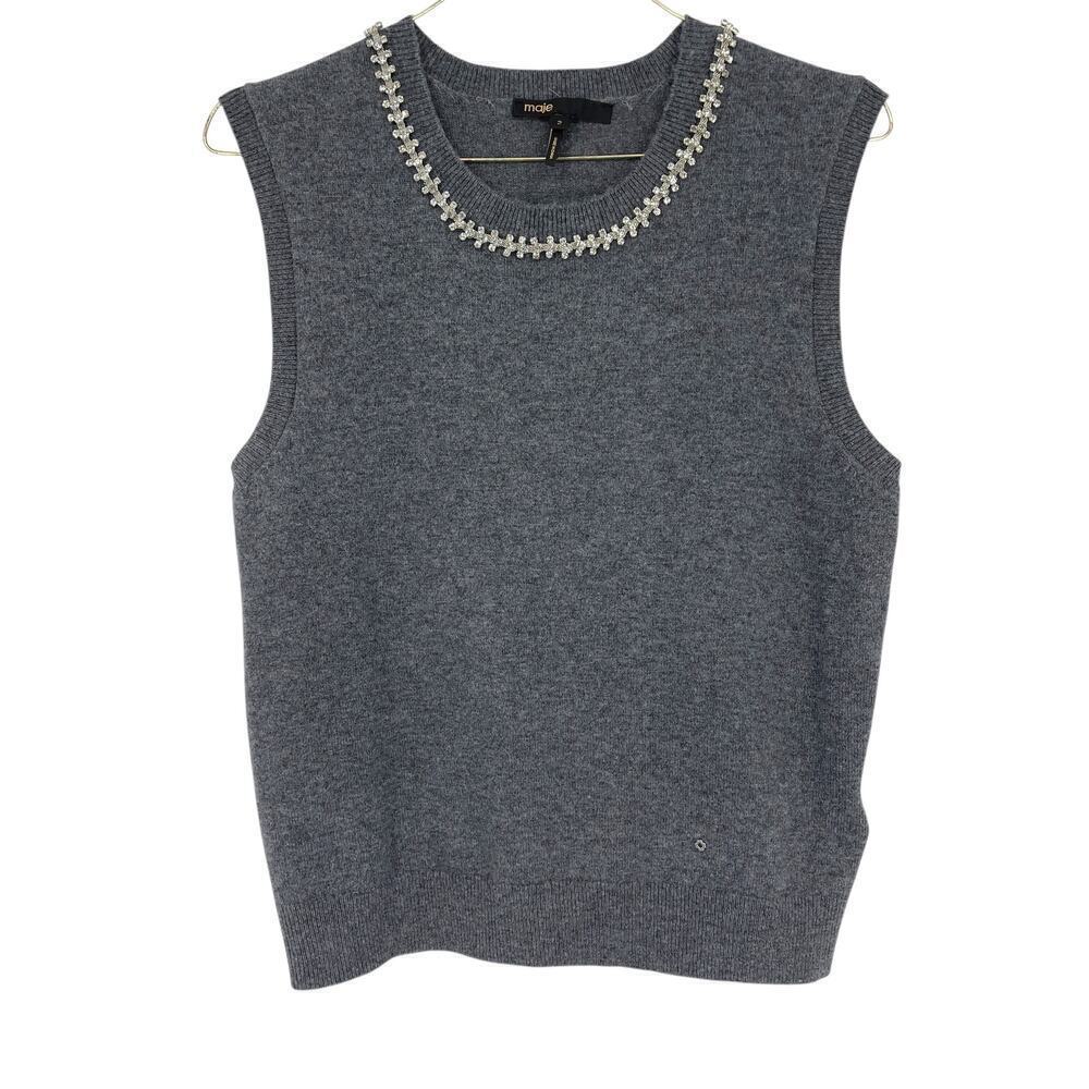 Maje Sleeveless Tank Sweater Vest Wool Cashmere Jeweled Collar Gray Size 2 US M